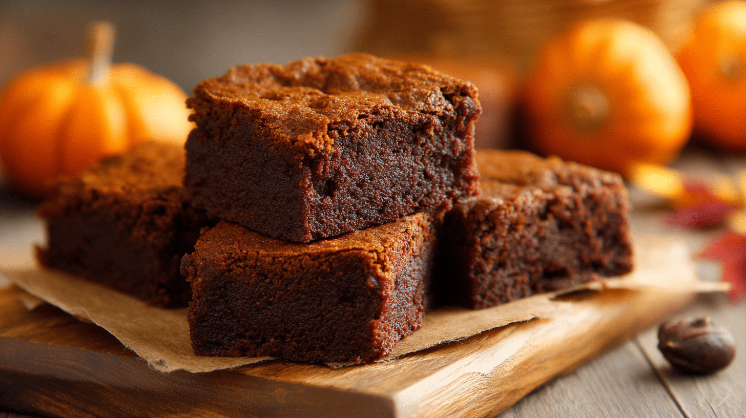 Close-up of moist, fudgy pumpkin brownies on a rustic wooden board with autumn leaves and cinnamon sticks
