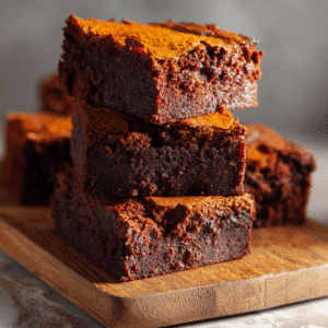 Freshly baked pumpkin brownies cooling in an 8x8 parchment-lined pan on a marble countertop