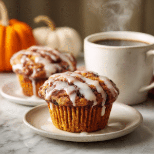 Pumpkin cinnamon roll muffins with cream cheese glaze and a hot cup of coffee on a marble table, cozy fall breakfast scene