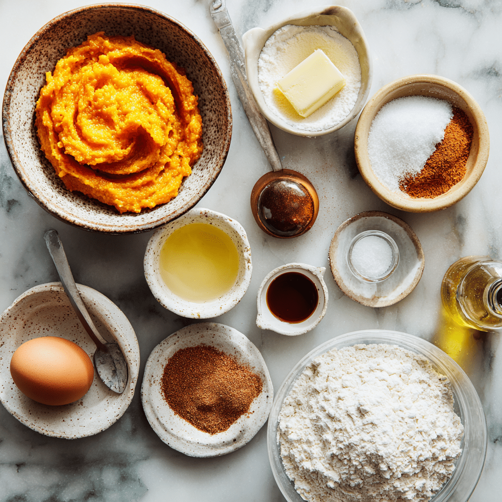 Pumpkin muffin ingredients on a marble table including pumpkin puree, melted butter, sugar, egg, vanilla, flour, baking powder, baking soda, salt, and cinnamon