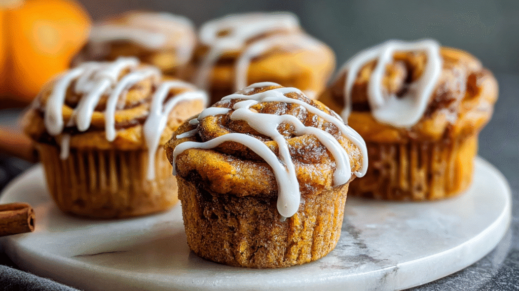 Pumpkin Cinnamon Roll Muffins on a marble table with cream cheese drizzle, bright morning light, high detail food photography