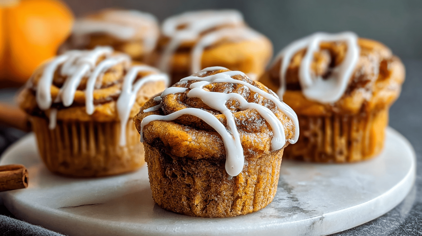 Pumpkin Cinnamon Roll Muffins on a marble table with cream cheese drizzle, bright morning light, high detail food photography