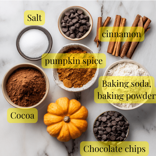 Flat lay of pumpkin spice cookie ingredients – baking soda, baking powder, cinnamon, salt, pumpkin spice, and chocolate chips on marble countertop