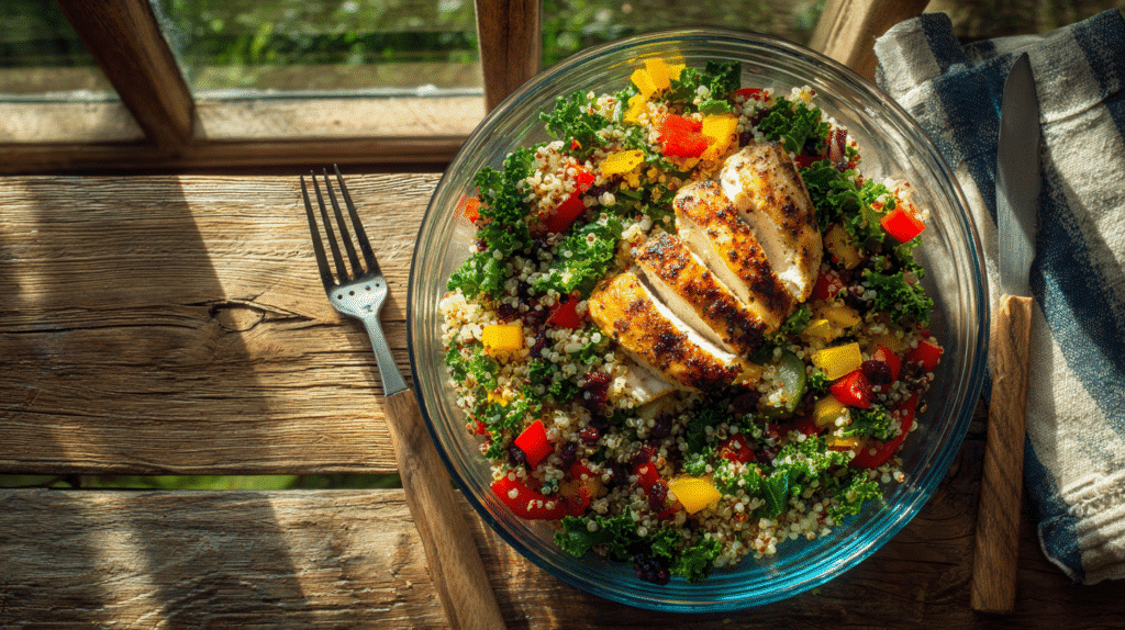 Quinoa bowls meal prep with grilled chicken and vegetables