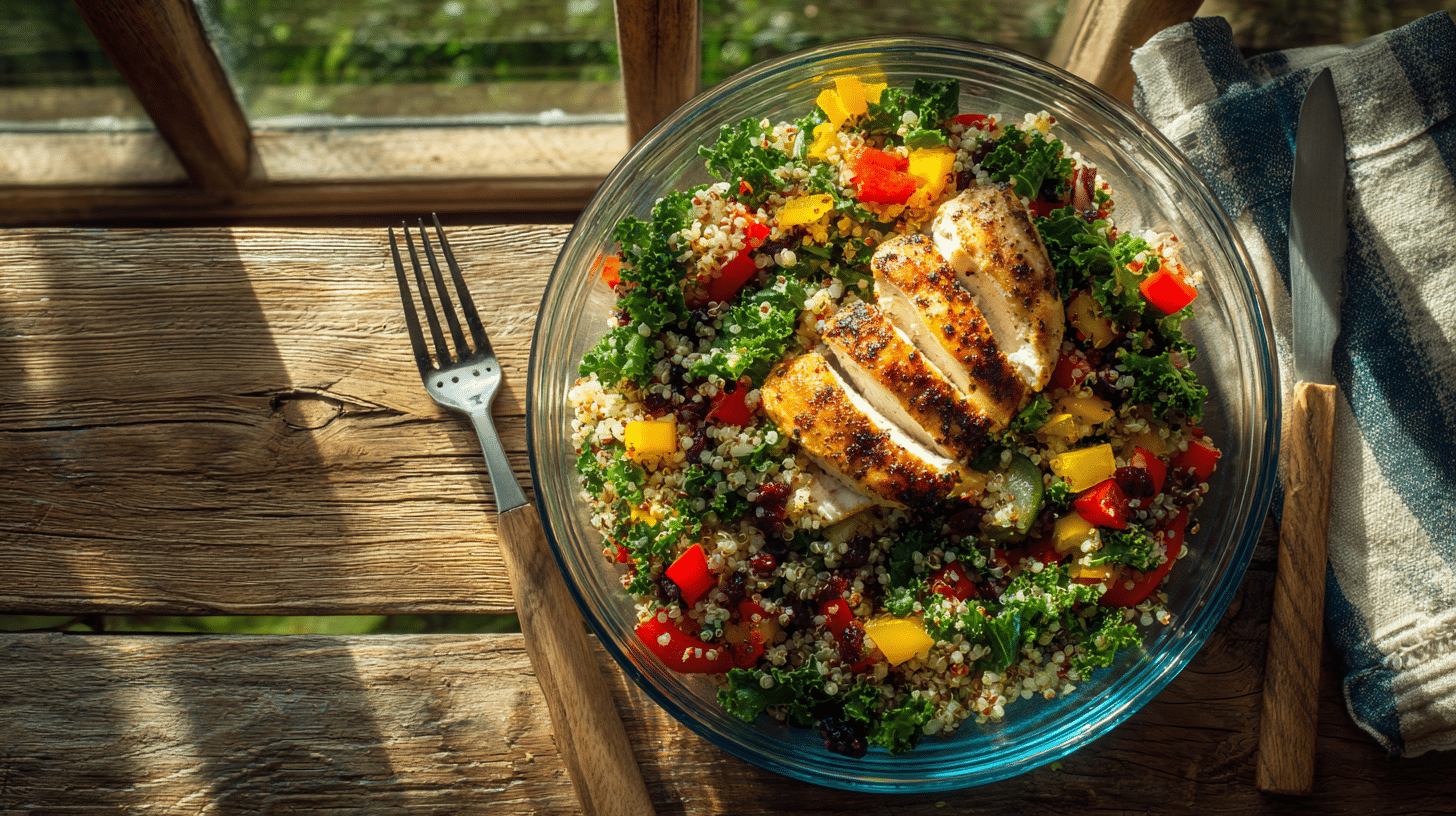 Quinoa bowls meal prep with grilled chicken and vegetables
