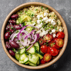 Recipe card for quinoa bowls meal prep