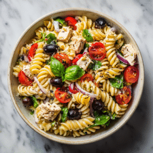 Recipe card for cold pasta salad gluten-free pasta