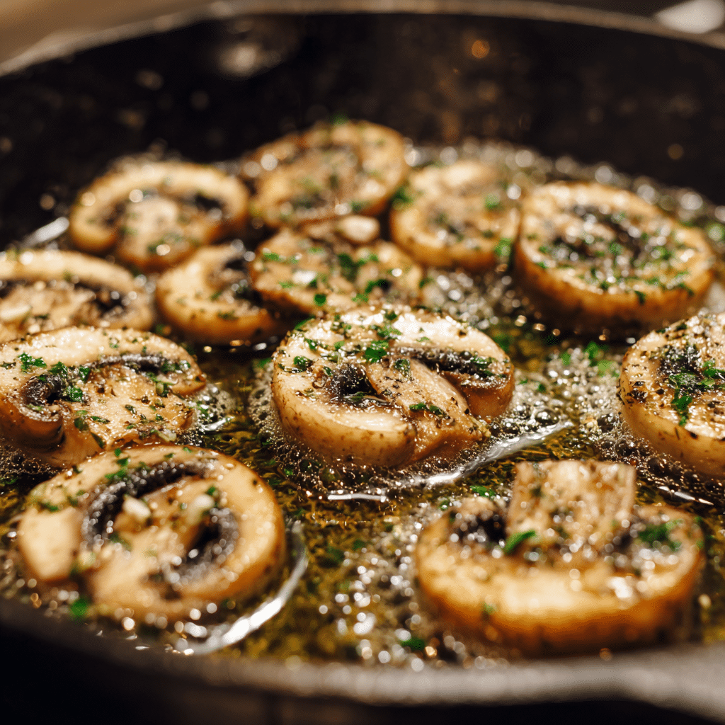 Close-up of sliced mushrooms sizzling in a cast iron skillet with garlic and olive oil