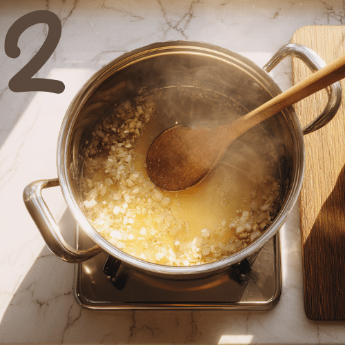 Top view of chopped onions and garlic sautéing in a stainless steel pot with steam rising, stirred by a wooden spoon on a marble countertop.