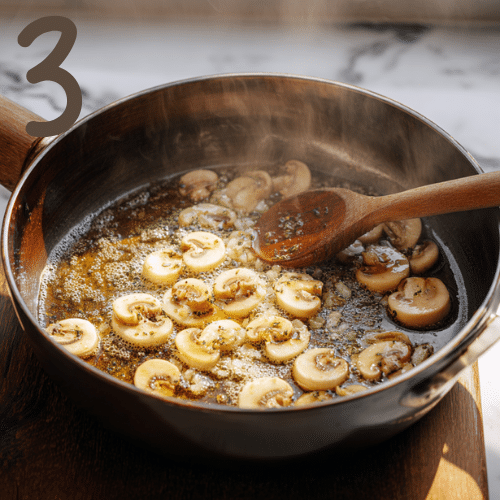 Close-up of sliced mushrooms sizzling in a rustic cast iron skillet with golden-brown edges and steam rising on a wooden countertop.
