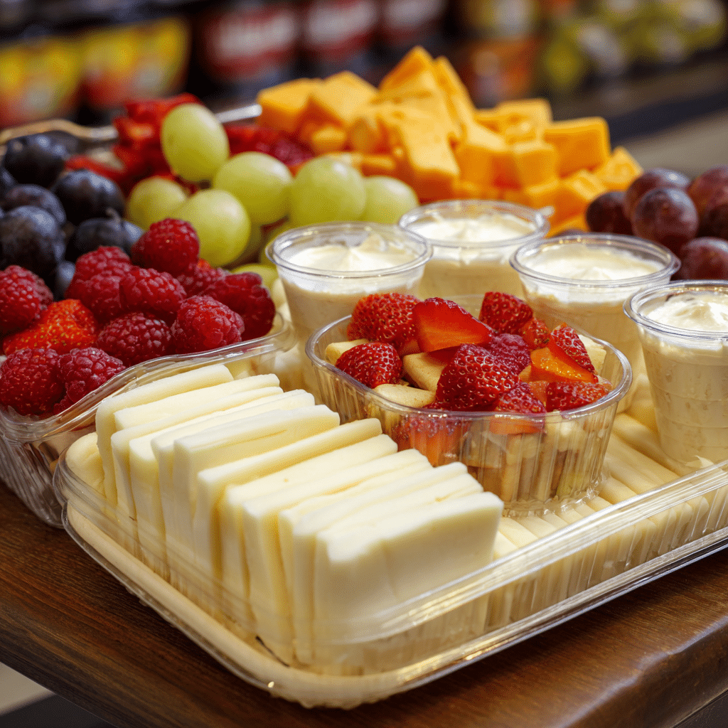 Budget lunch prep with string cheese, hummus cups, and fruit snacks on a kitchen counter Budget-Friendly School Lunches