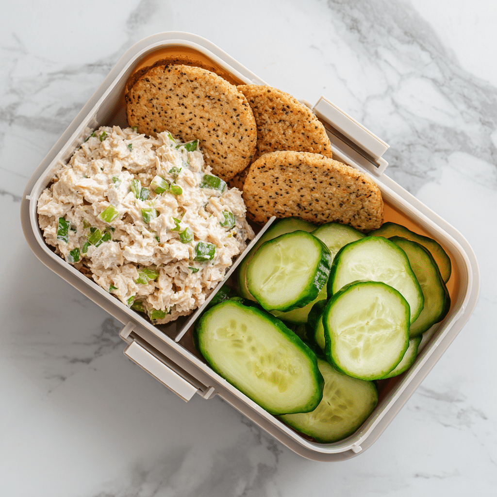 Top-down view of a lunchbox with creamy tuna salad, cucumber slices, and whole grain crackers