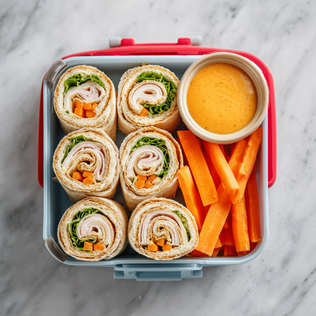Top view of a lunchbox with turkey and cheese roll-ups, baby carrots, and dipping sauce