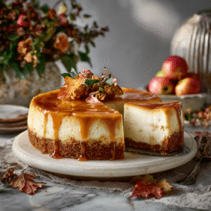 Whole Apple Cider Cheesecake sliced to show creamy filling, caramel drizzle, and fresh apple slices on a marble table with natural light