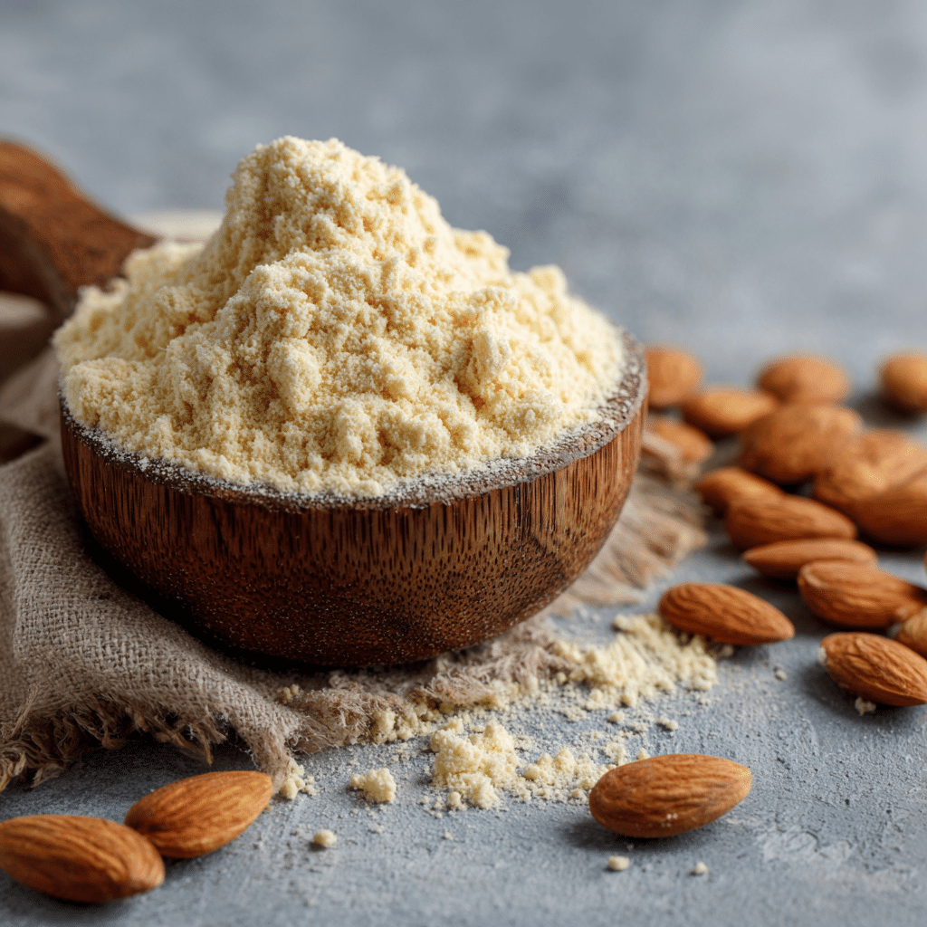Bowl of almond flour on a kitchen counter near a window with a garden view.