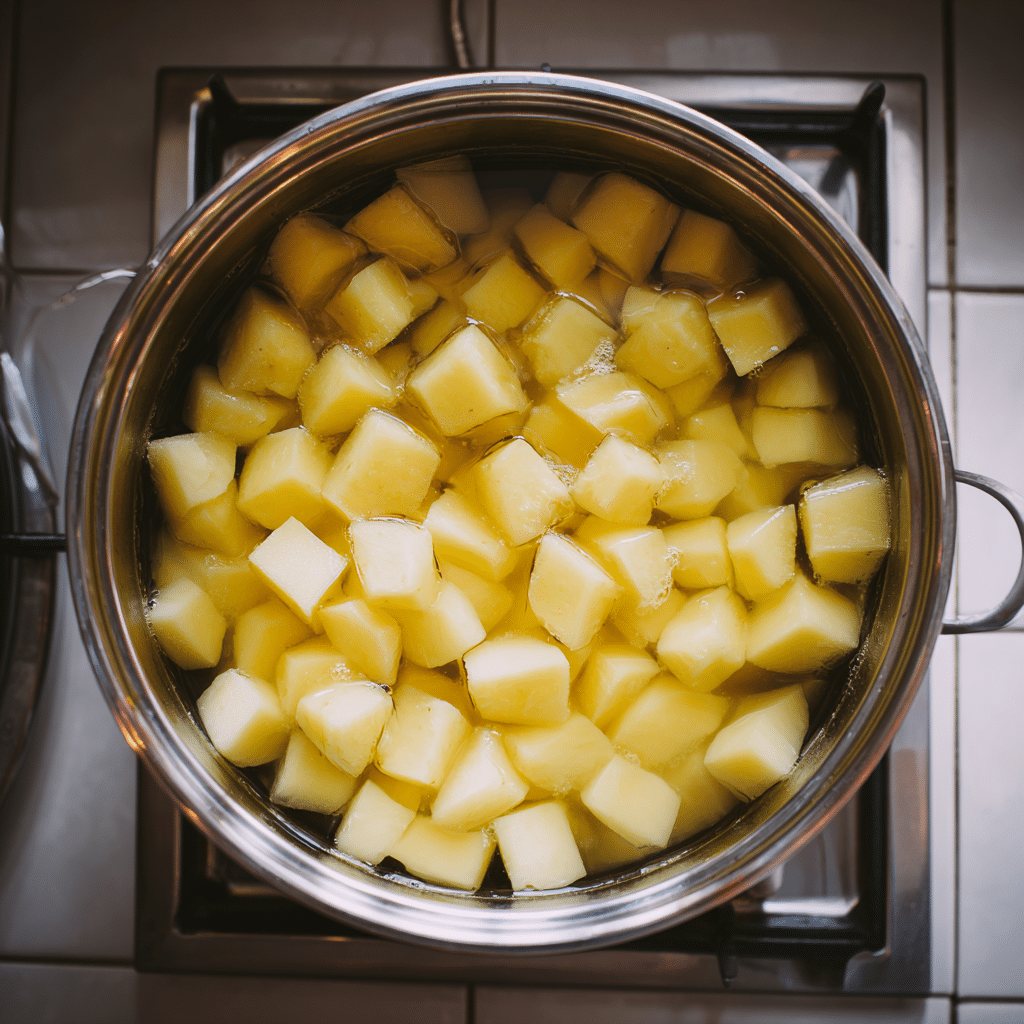 Top-down view of peeled and diced potatoes boiling in a large pot of salted water on a kitchen stove, bright natural light.