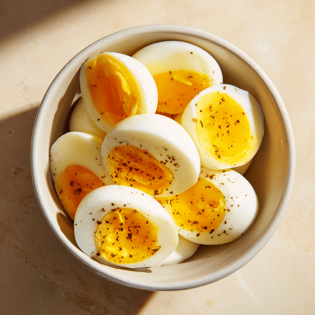 Bowl of boiled eggs in soft Martha Stewart-style lighting with text overlay that reads “I miss the recipe world.