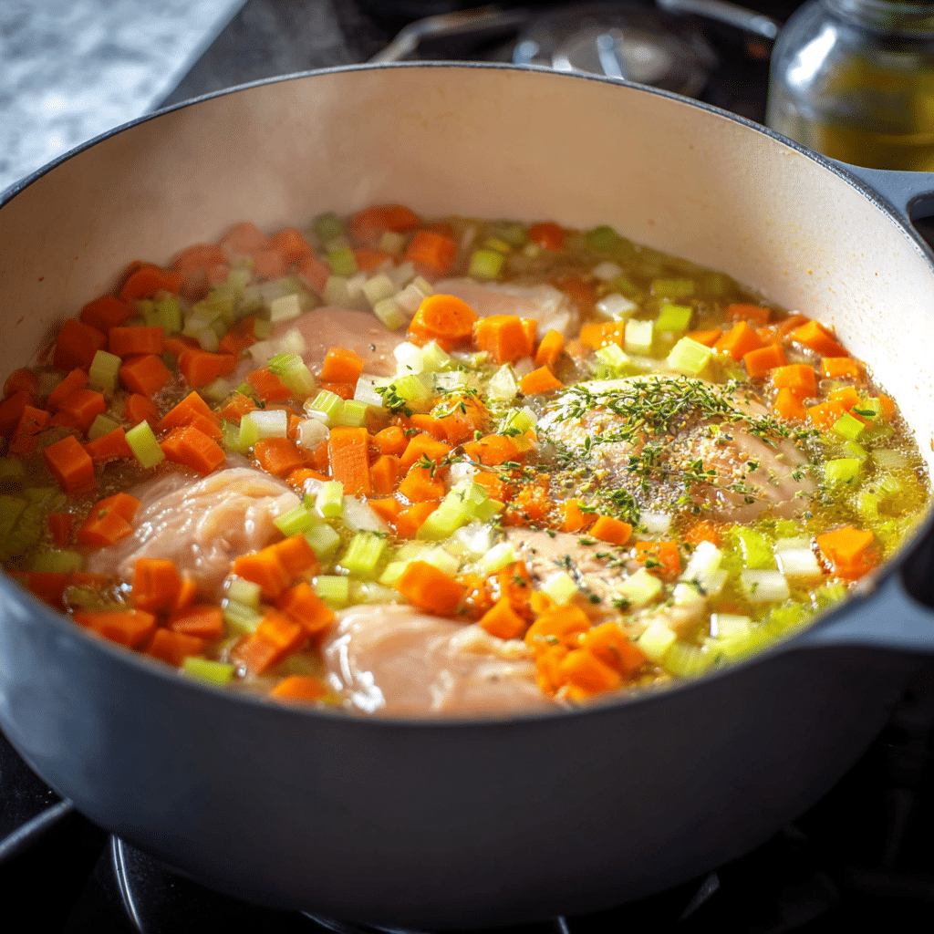 Large soup pot with olive oil, onion, carrots, celery, garlic, thyme, bay leaves, chicken, and broth simmering for chicken noodle soup.