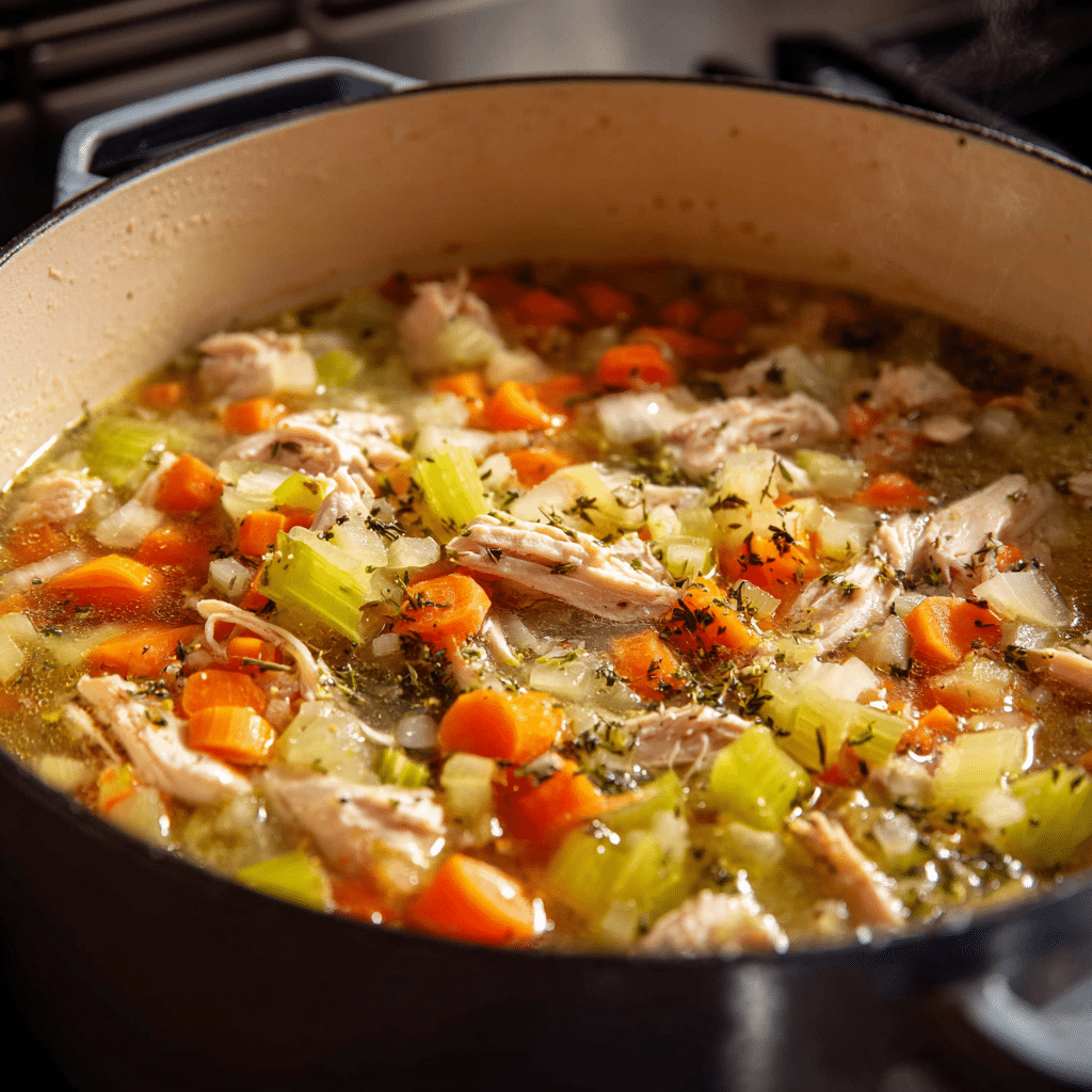 Chicken, vegetables, garlic, thyme, and bay leaves simmering in chicken broth in a large soup pot on stovetop