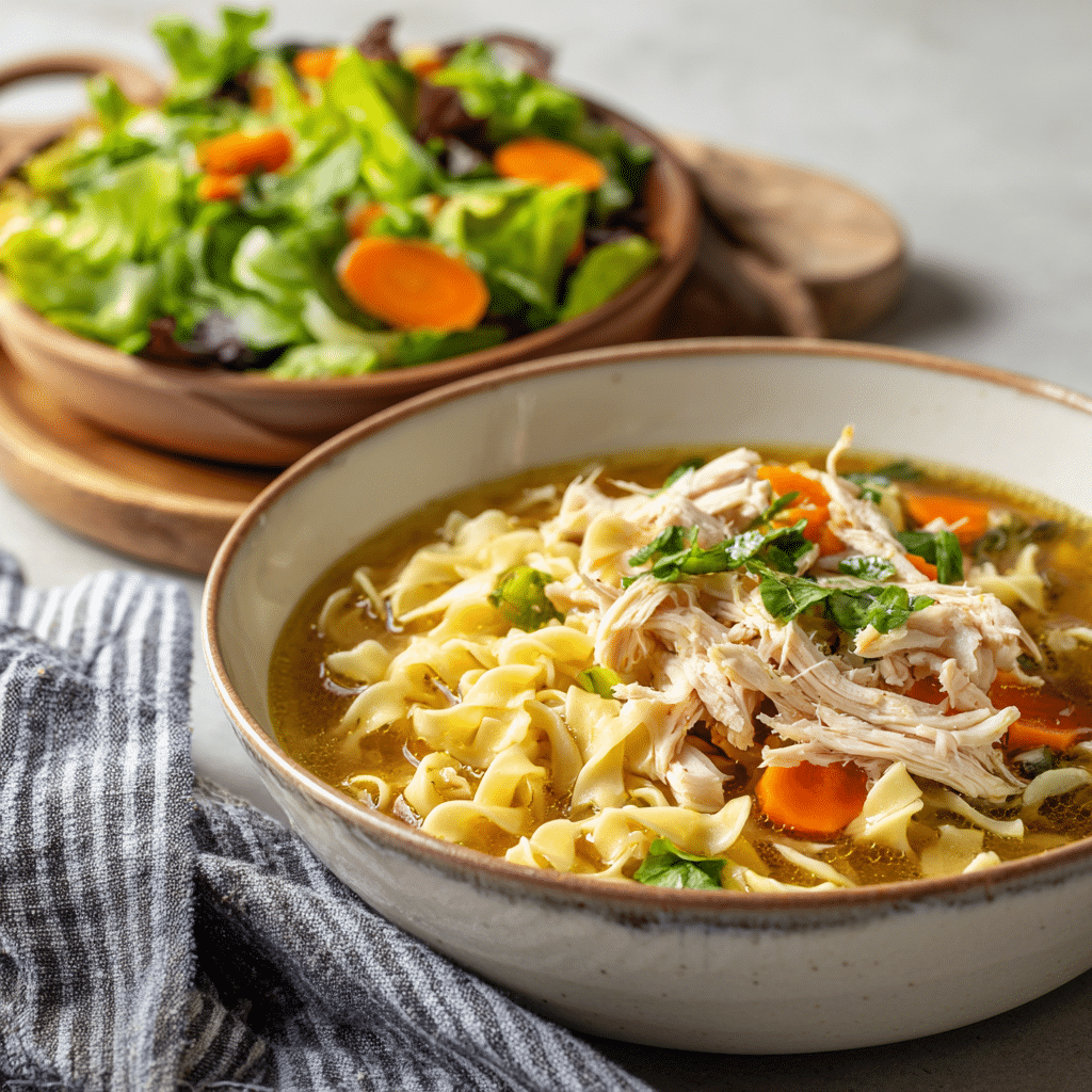 Wide shot side view of a steaming bowl of chicken noodle soup with egg noodles, served alongside a plate of fresh crunchy green salad in natural daylight.