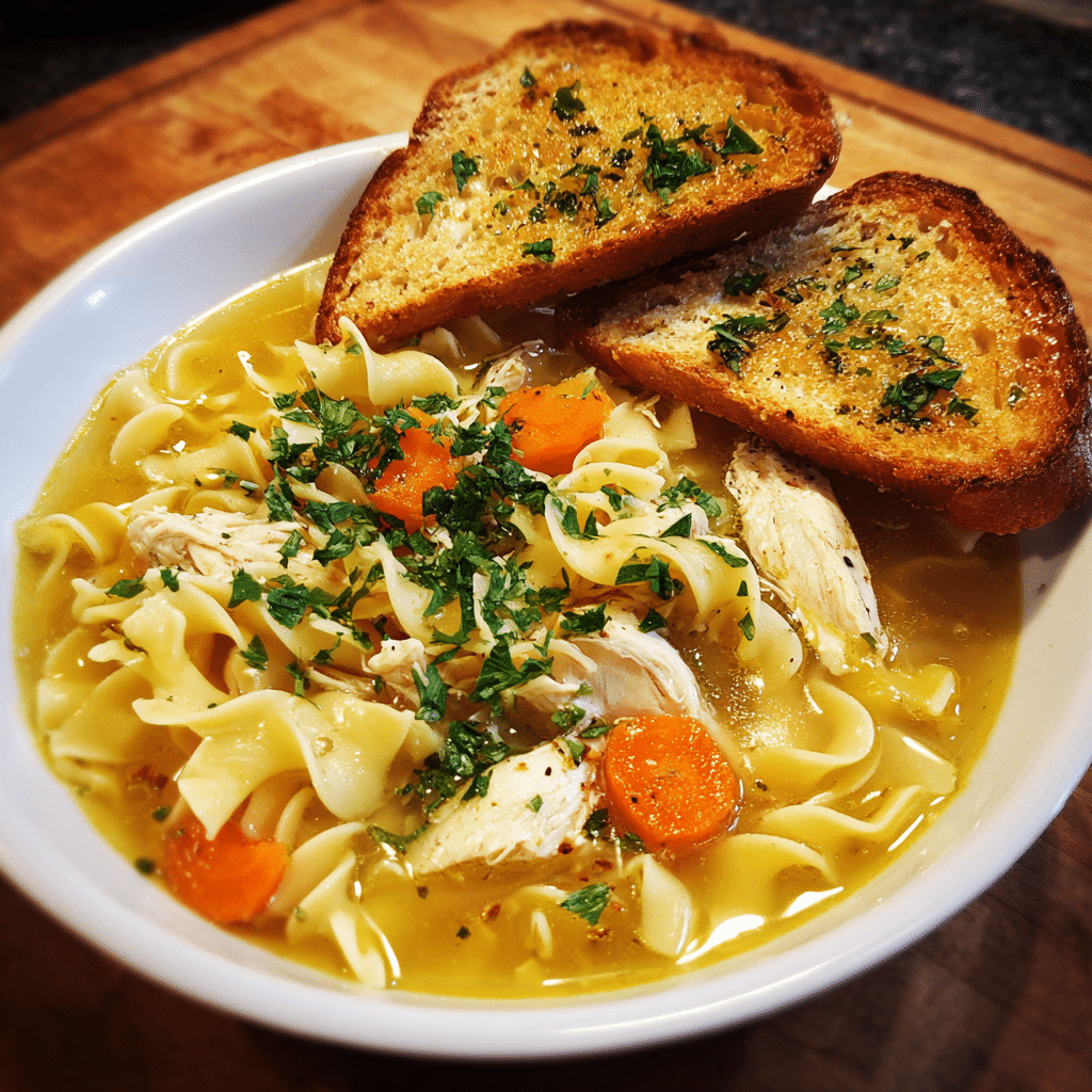 Wide shot side view of chicken noodle soup with egg noodles served with garlic toast in natural daylight.