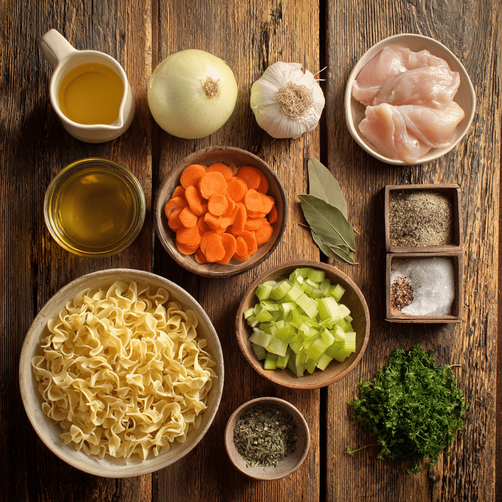 Ingredients for chicken noodle soup with egg noodles arranged on a wooden countertop, including olive oil, onion, carrots, celery, garlic, chicken breasts, chicken broth, bay leaves, thyme, salt, and black pepper
