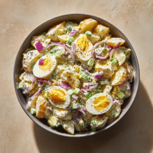 Top-down view of chilled potato salad in a serving bowl, garnished with paprika and fresh herbs on a marble countertop.
