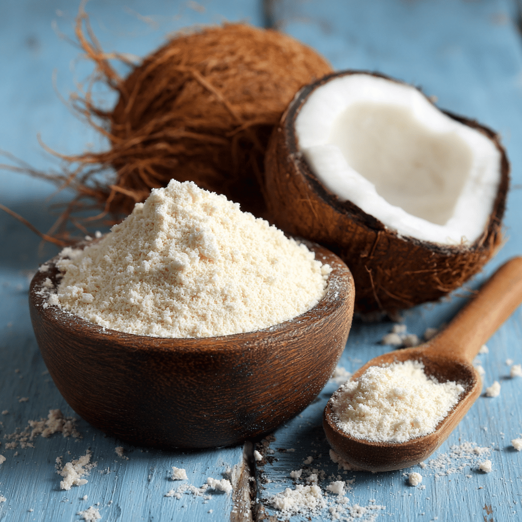 Bowl of coconut flour on a kitchen counter with natural light.