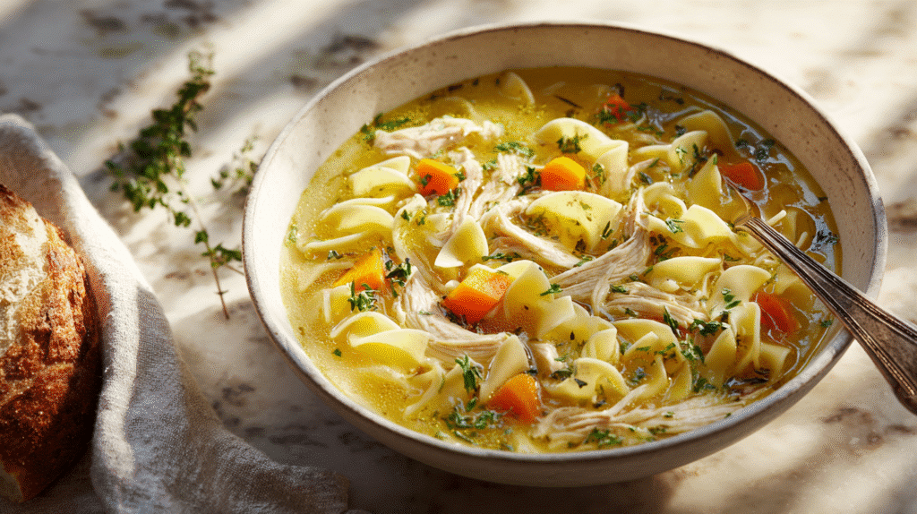Cozy bowl of chicken noodle soup with egg noodles on a rustic wooden table, garnished with parsley