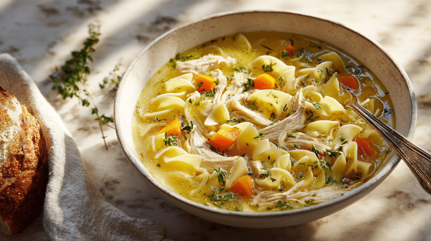 Cozy bowl of chicken noodle soup with egg noodles on a rustic wooden table, garnished with parsley