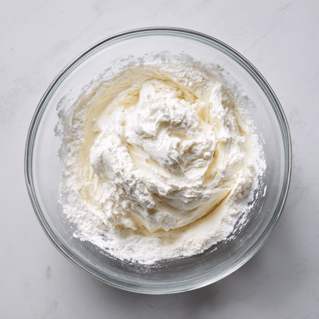 Cream cheese blended with powdered sugar and vanilla in a glass bowl for trifle preparation.