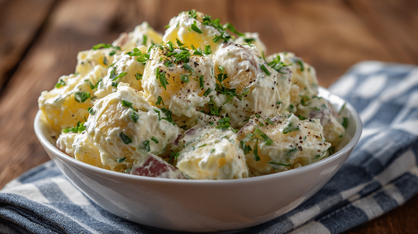 Creamy gluten free potato salad recipe in white bowl