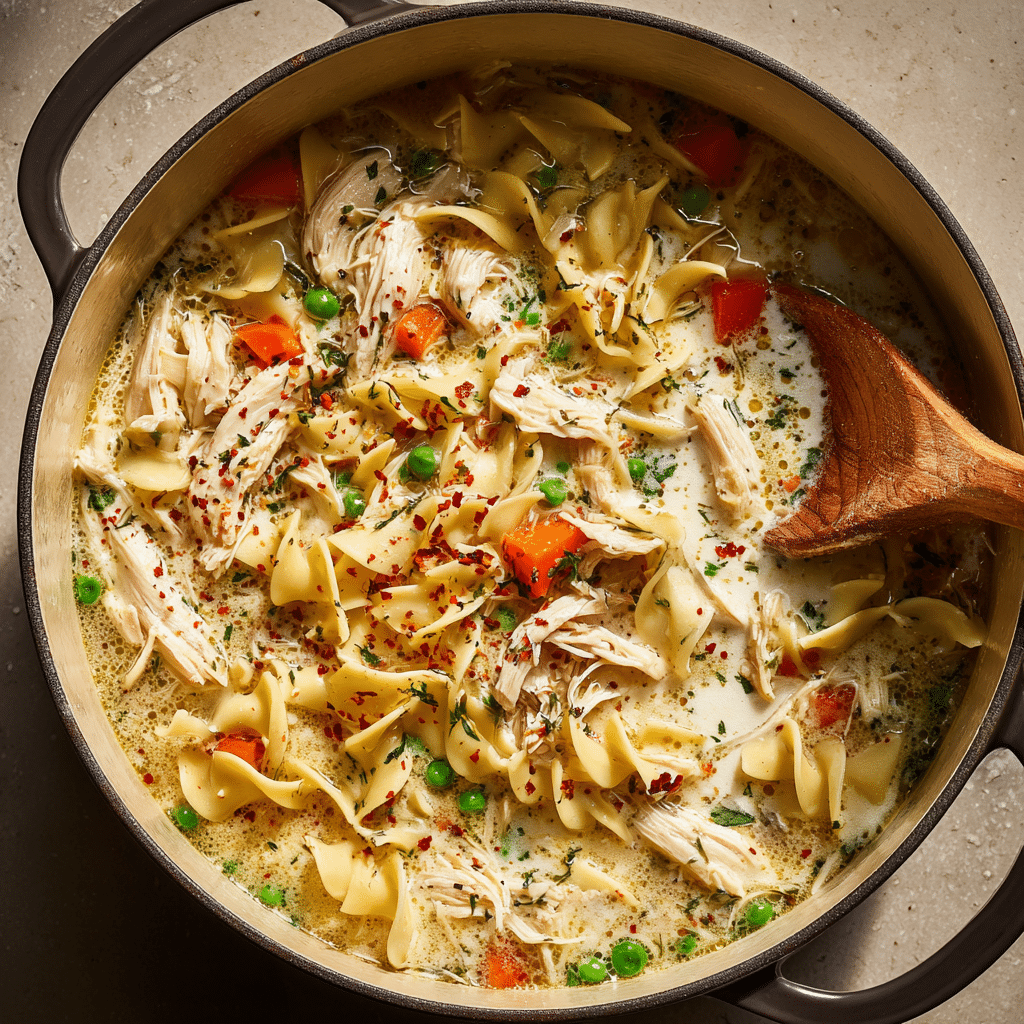 A large pot of chicken noodle soup with egg noodles, shredded chicken, vegetables, a splash of heavy cream, and a pinch of red pepper flakes.