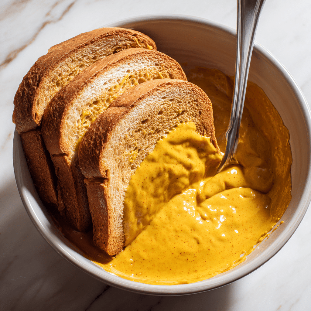 Dipping Bread in Pumpkin French Toast Mixture – Coating Both Sides Evenly