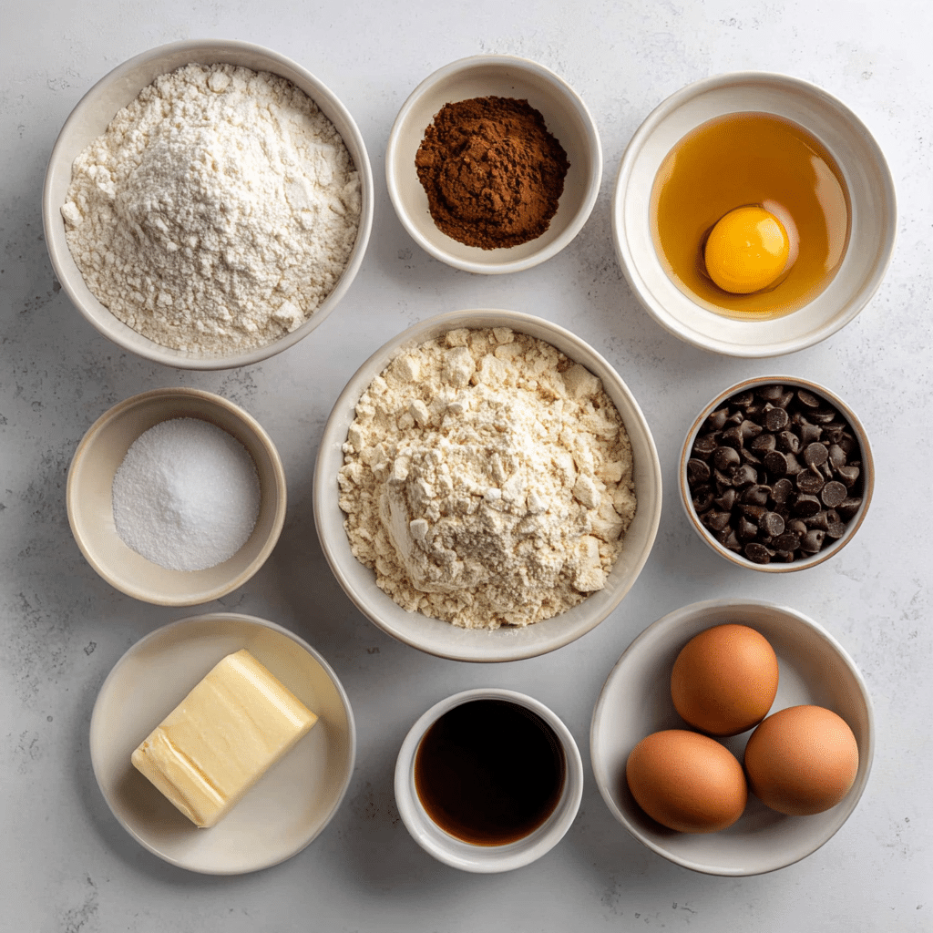 Ingredients for espresso chocolate chip cookies arranged on a table.