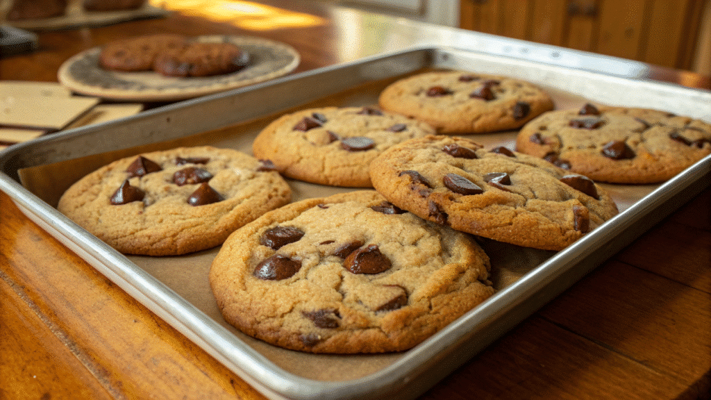 Tray of espresso chocolate chip cookies with golden edges and gooey chocolate chips.