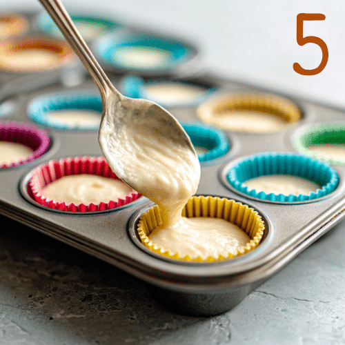 Muffin tin with colorful cupcake liners being filled two-thirds full with gluten-free cupcake batter.