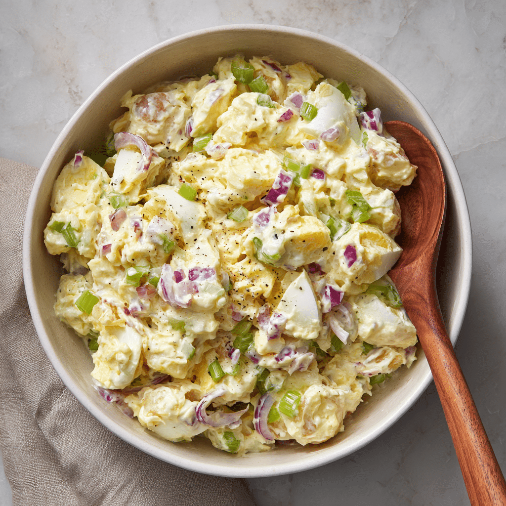 Folding potatoes into creamy gluten free potato salad with mayo, mustard, celery, onions, and eggs