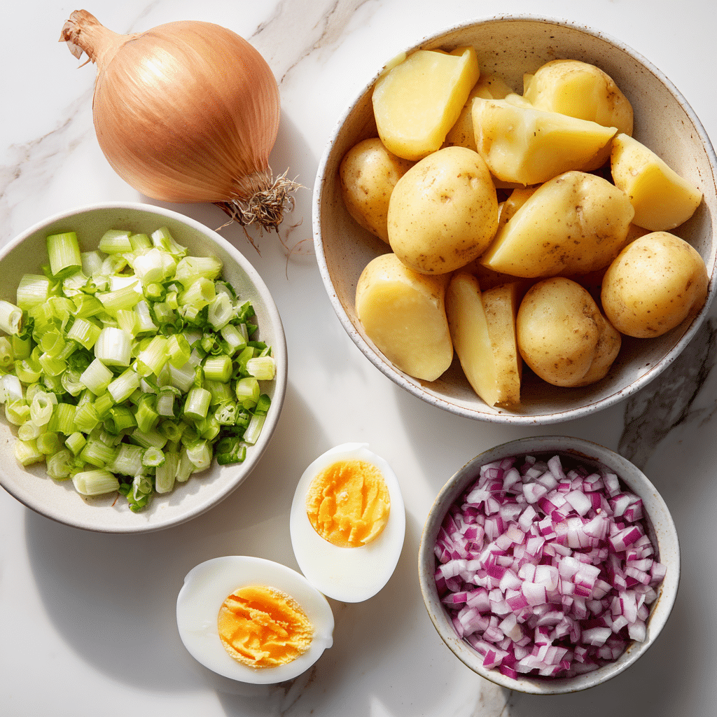 Top-down view of fresh potato salad ingredients: peeled potatoes, eggs, chopped celery, and red onions on a marble countertop, bright natural light.