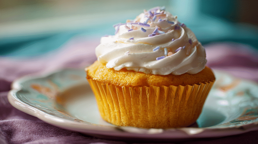 Close-up of a golden gluten-free cupcake on a plate, natural lighting, focus on texture and color.Gluten-Free Cupcake Recipe
