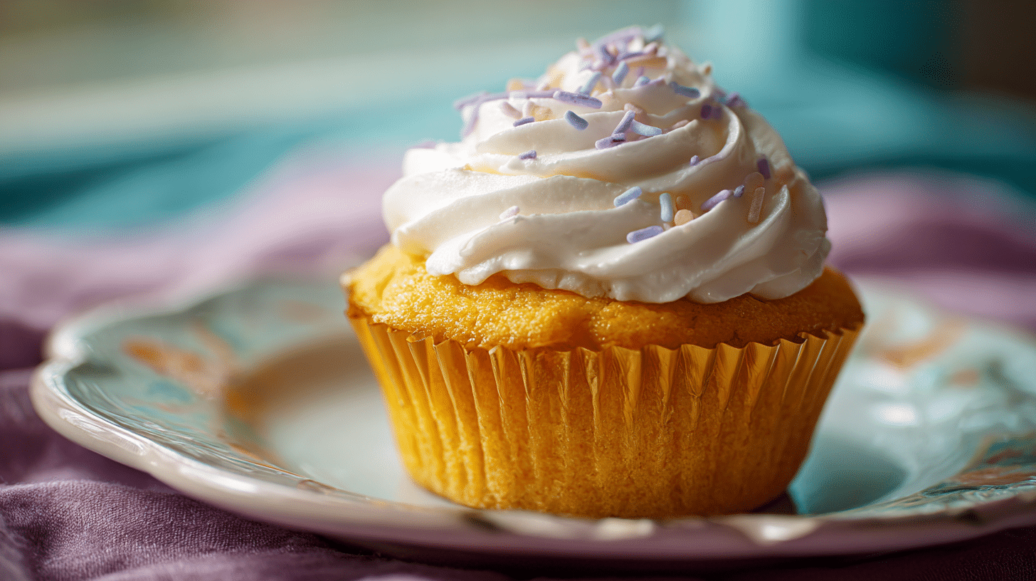 Close-up of a golden gluten-free cupcake on a plate, natural lighting, focus on texture and color.Gluten-Free Cupcake Recipe