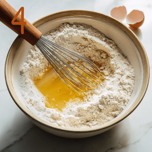Mixing bowl with gluten-free flour blend, baking powder, eggs, sugar, and melted butter being combined into cupcake batter.