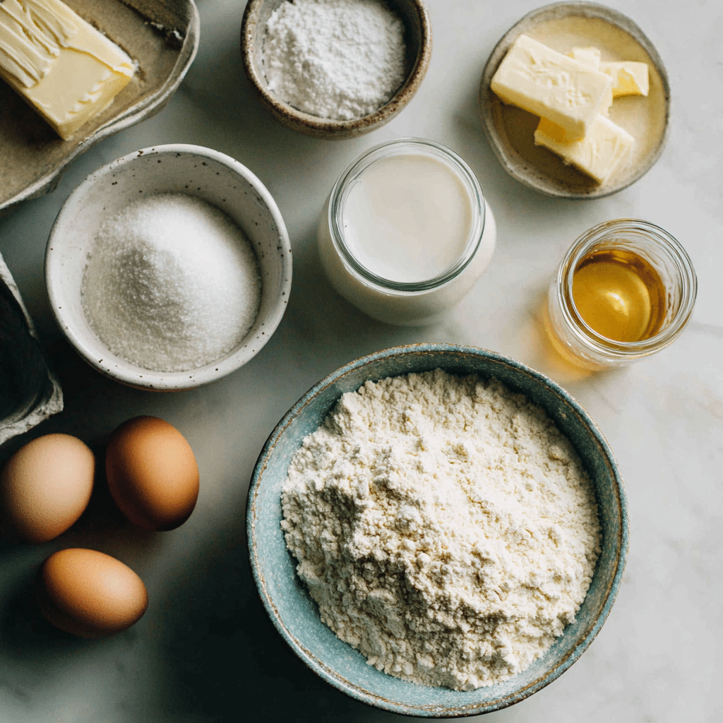 Gluten-free flour blend, sugar, eggs, butter, baking powder, milk, vanilla, and salt on a kitchen counter.Gluten-Free Cupcake Recipe