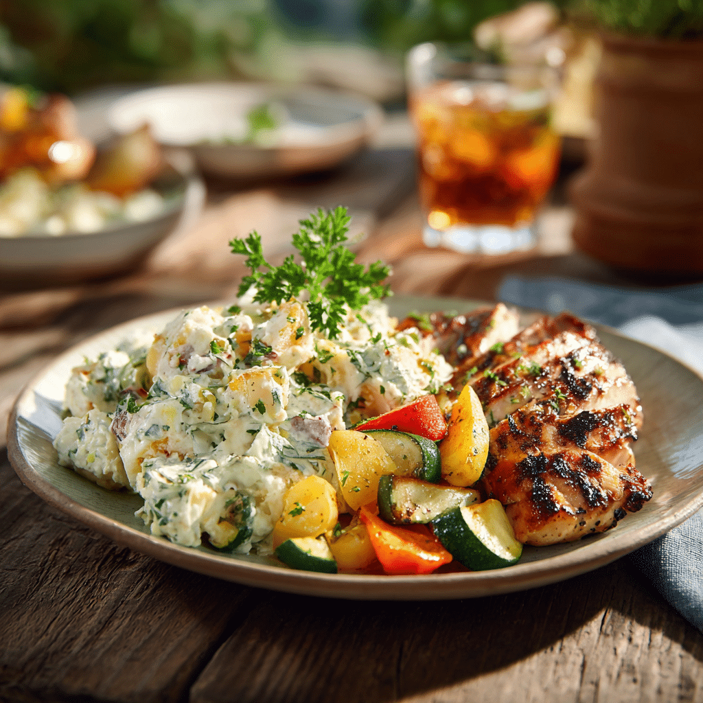 Gluten free potato salad served with grilled chicken and roasted vegetables