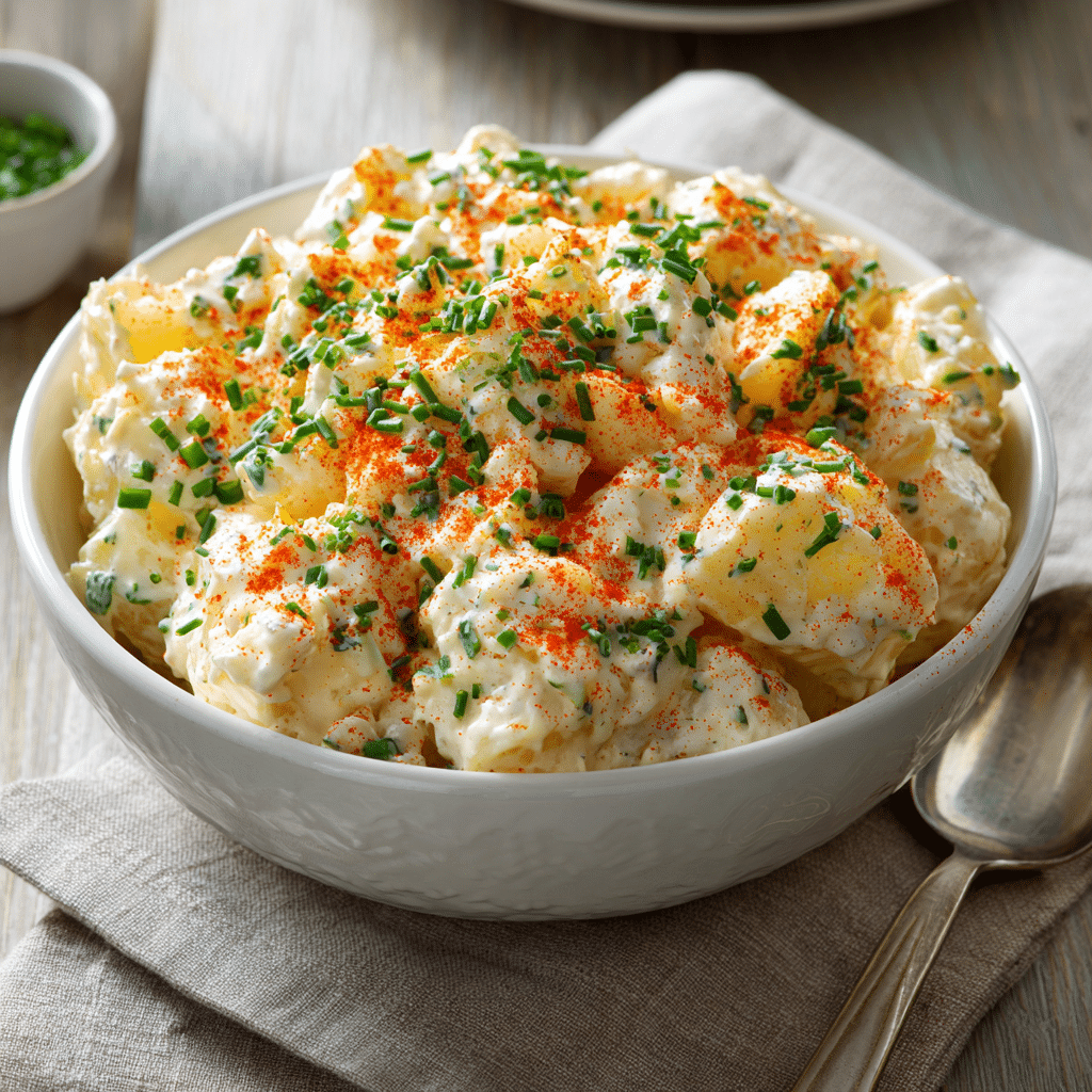 Gluten free potato salad topped with paprika and fresh chives
