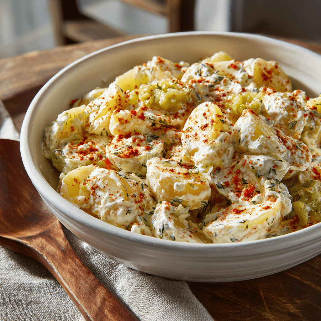 Gluten free potato salad topped with paprika and sweet pickle relish