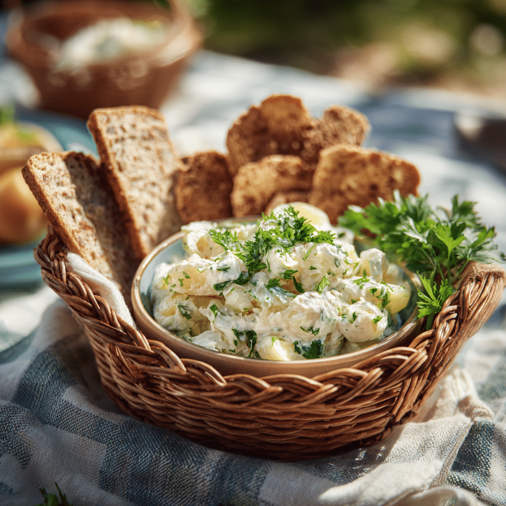 Gluten free potato salad with gluten-free bread and crackers in a picnic spread