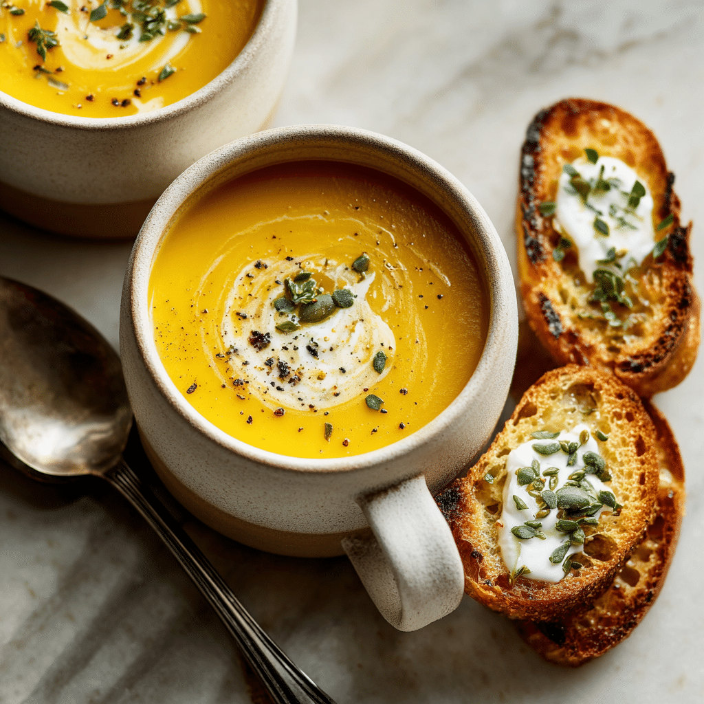 Gluten-Free Pumpkin Soup served with gluten-free bruschetta on marble table