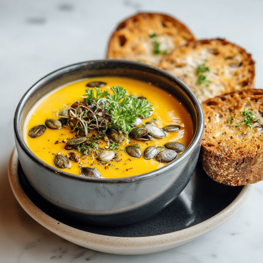 Steaming bowl of creamy Gluten-Free Pumpkin Soup with bread and fresh salad