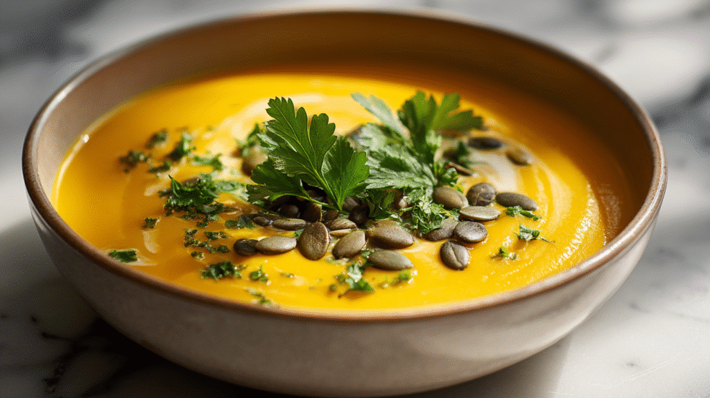 Gluten-Free Pumpkin Soup in rustic bowl
